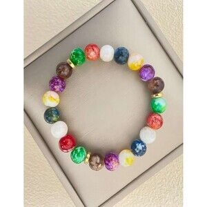 Multicolor Marbled Beaded Stretch Bracelet | Gold Accent | Boho Statement Jewelr